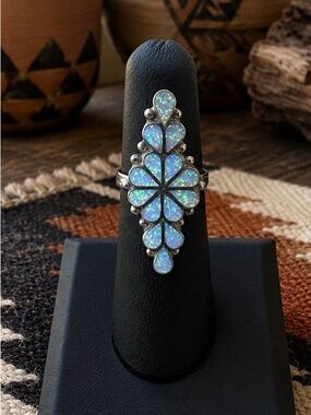 Vintage Zuni Dishta Style Native American Lab Opal Sterling Silver Ring 5.5